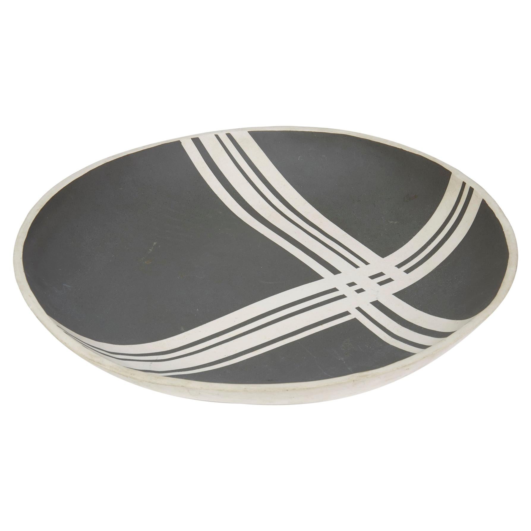 Black Linear Pattern Studio Pottery Bowl Signed For Sale