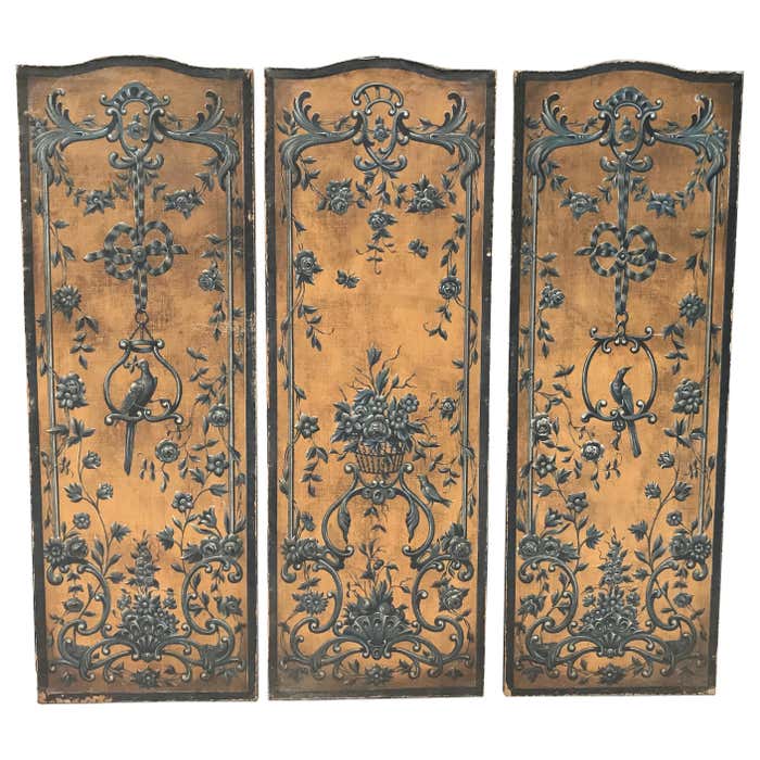 18th Century Gold and Blue Painted Dutch Panels with Embossed Cordovan ...