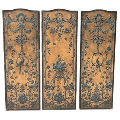 18th Century Gold and Blue Painted Dutch Panels with Embossed Cordovan Leather