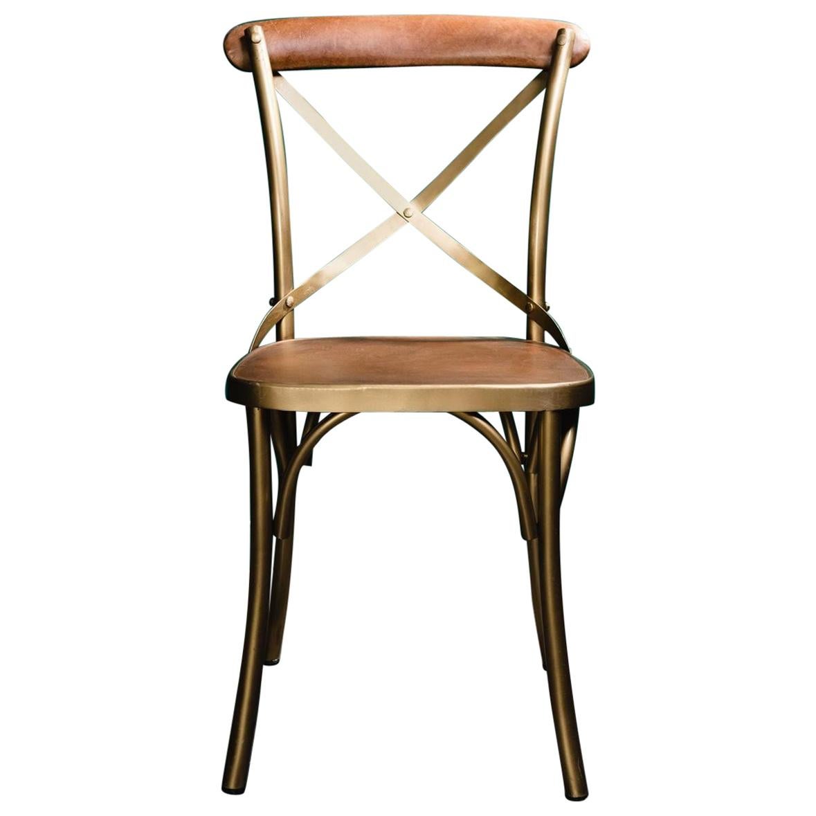 French Design Metal and Cognac Leather Bistro Style Chair For Sale