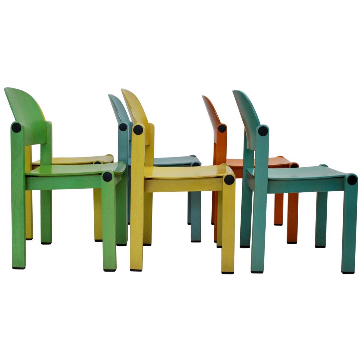 Dining Chairs Vintage Multi-color Beech Pop Art Set of Six, circa 1980