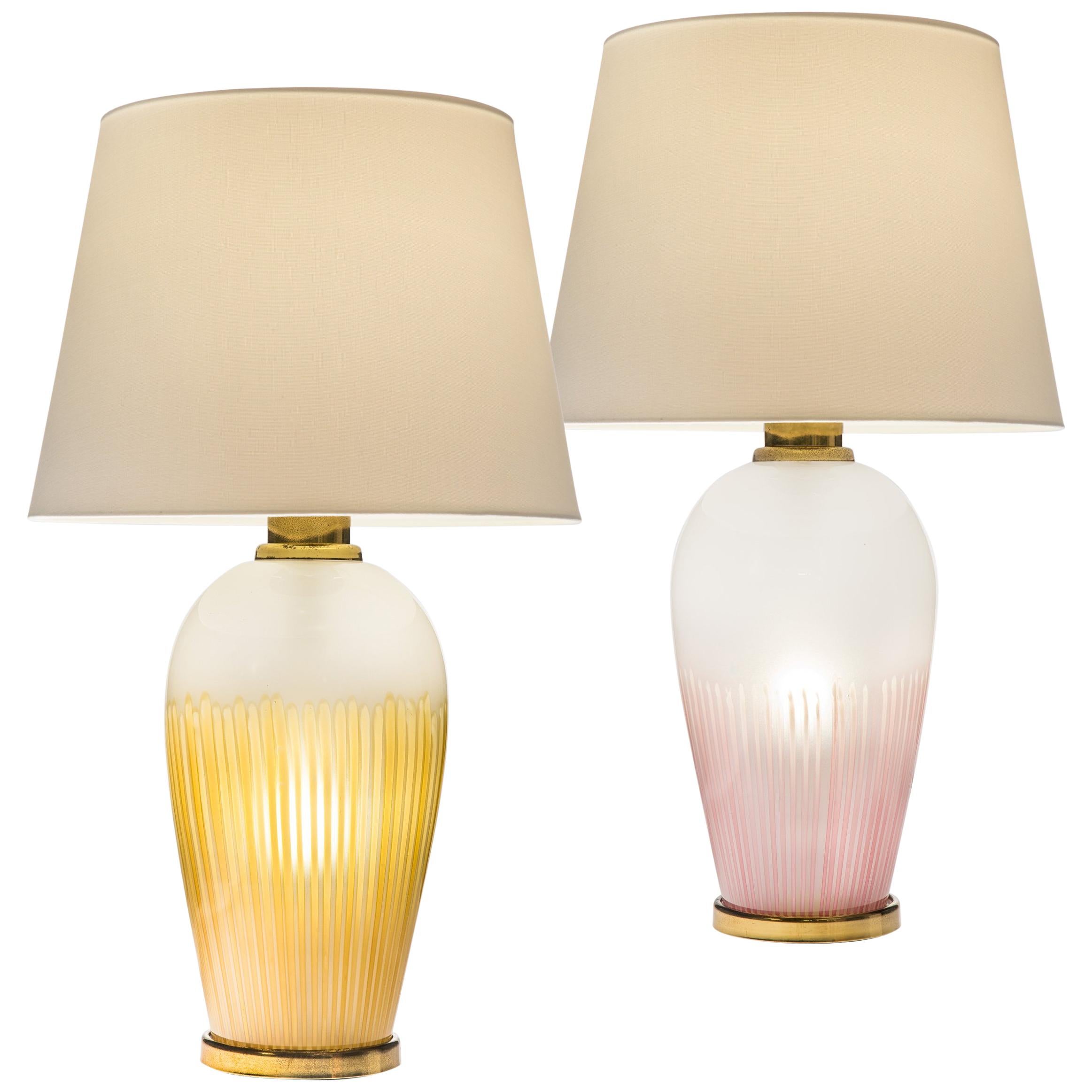Pair of Italian Frosted and Colored Glass Lamps