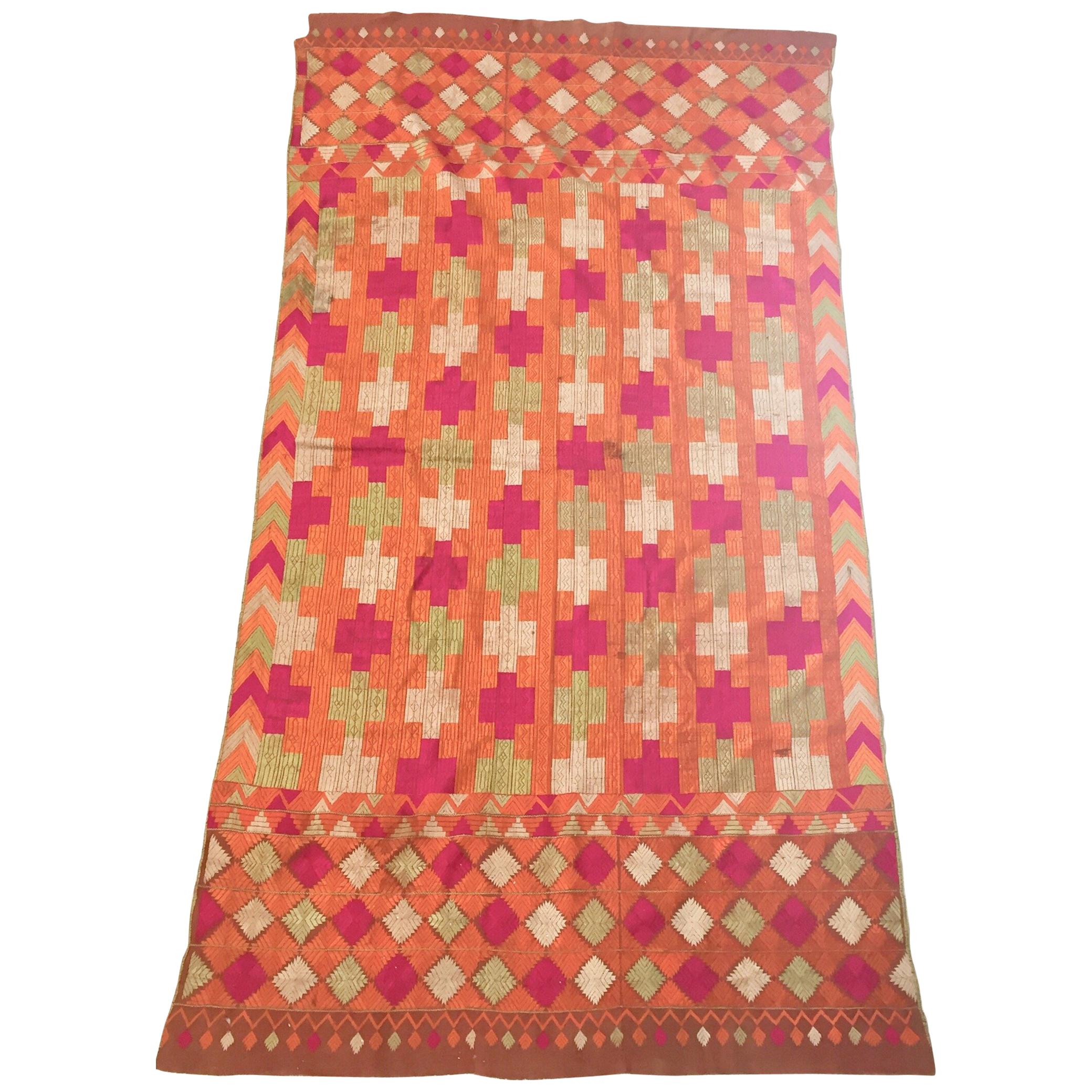 Antique Phulkari Bawan Bagh Wedding Shawl, Silk Embroidery Punjab India For Sale