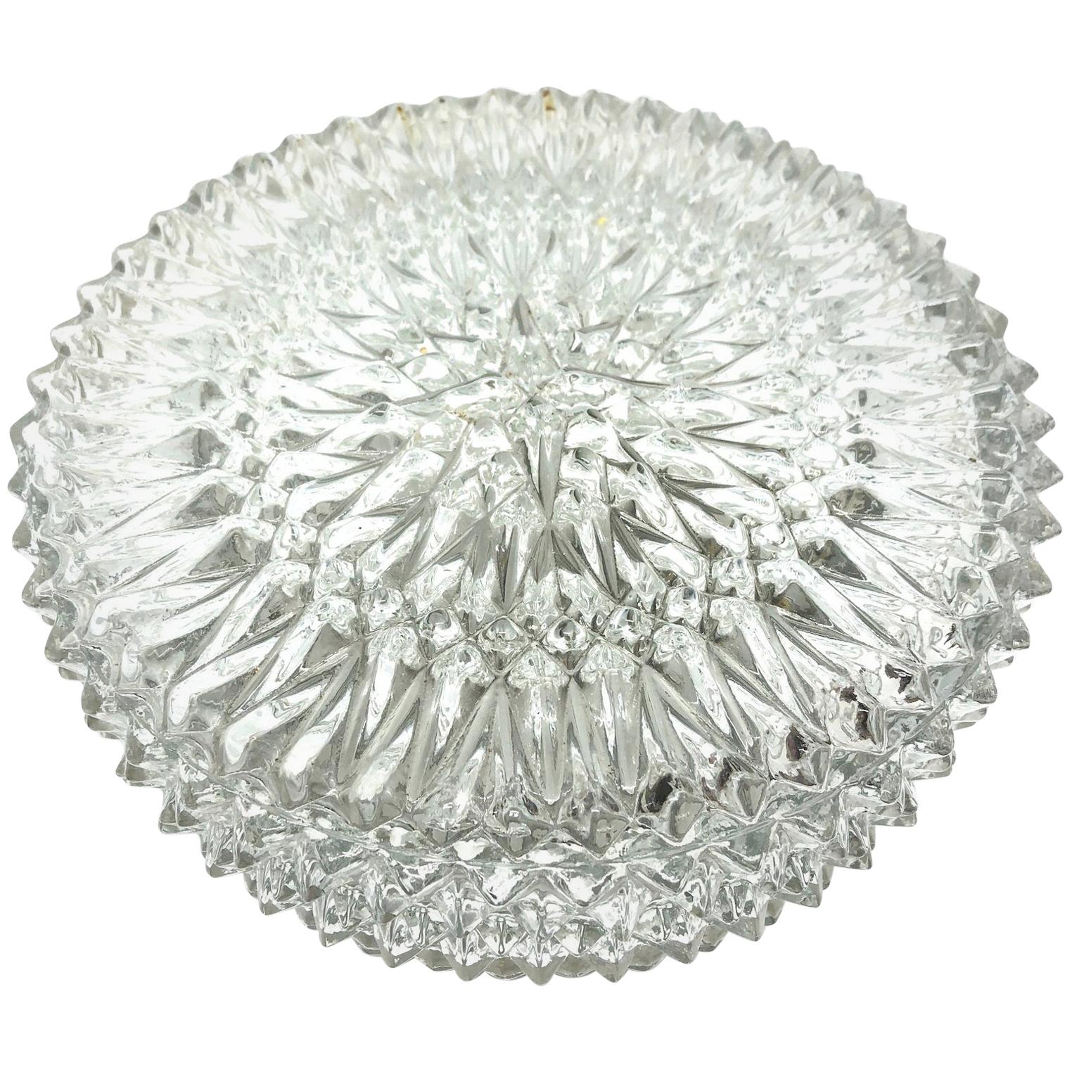 Ice Pattern Clear Glass Flush Mount Ceiling Light, 1960s, Italy