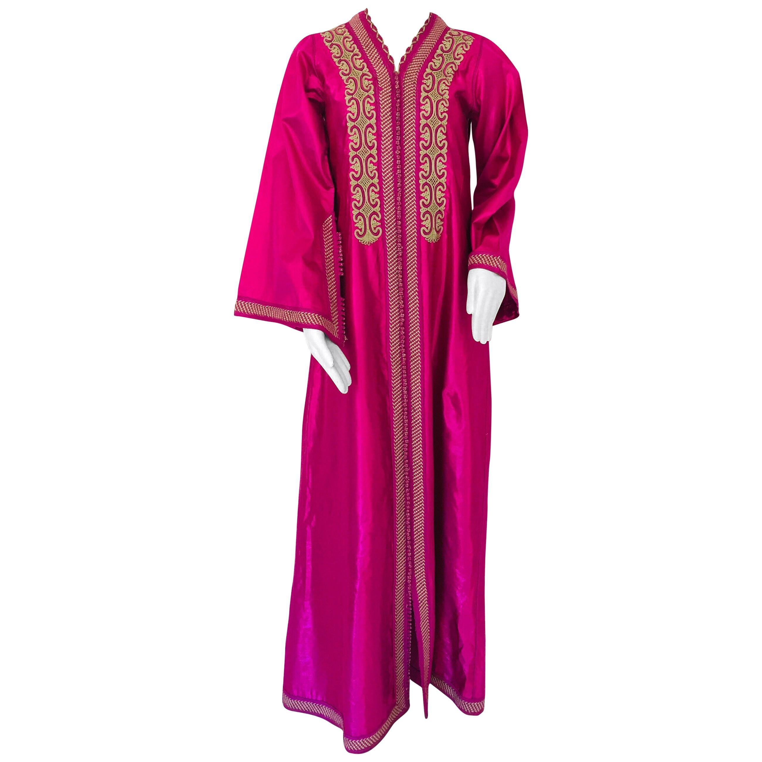 Moroccan Vintage Caftan 1970s Kaftan Maxi Dress Hot Pink Fuchsia