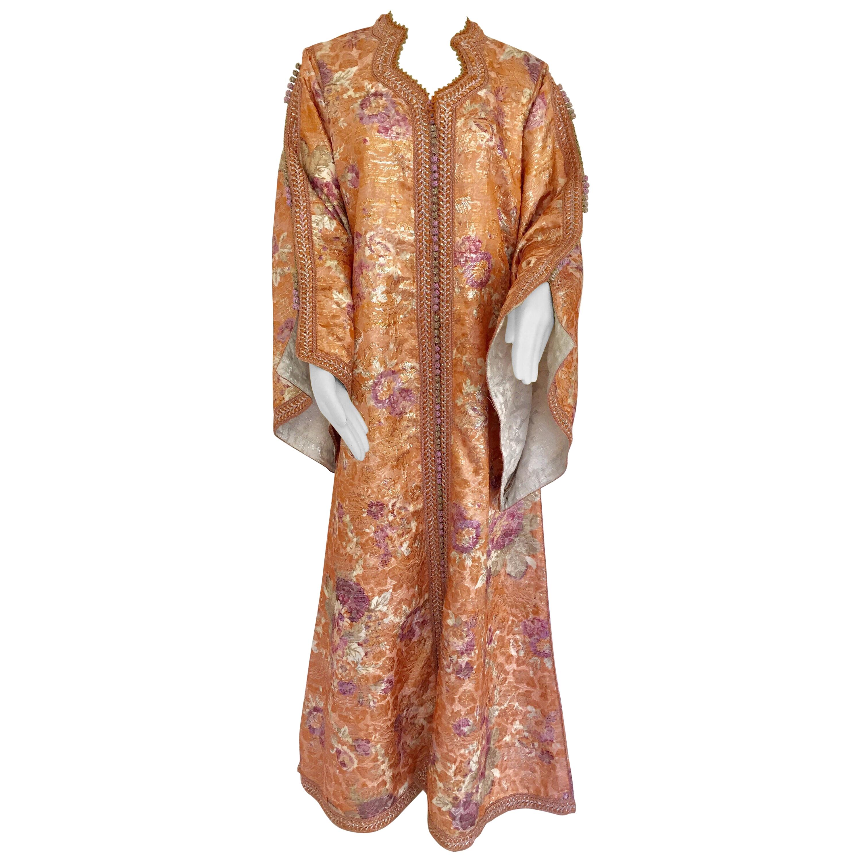 Moroccan Kaftan Orange and Purple Floral with Gold Embroidered Maxi Dress Caftan For Sale