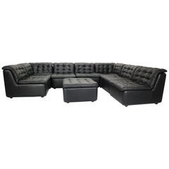 Mid-Century Modern Black Leather Sectional Seven-Seat Sofa, 1970s