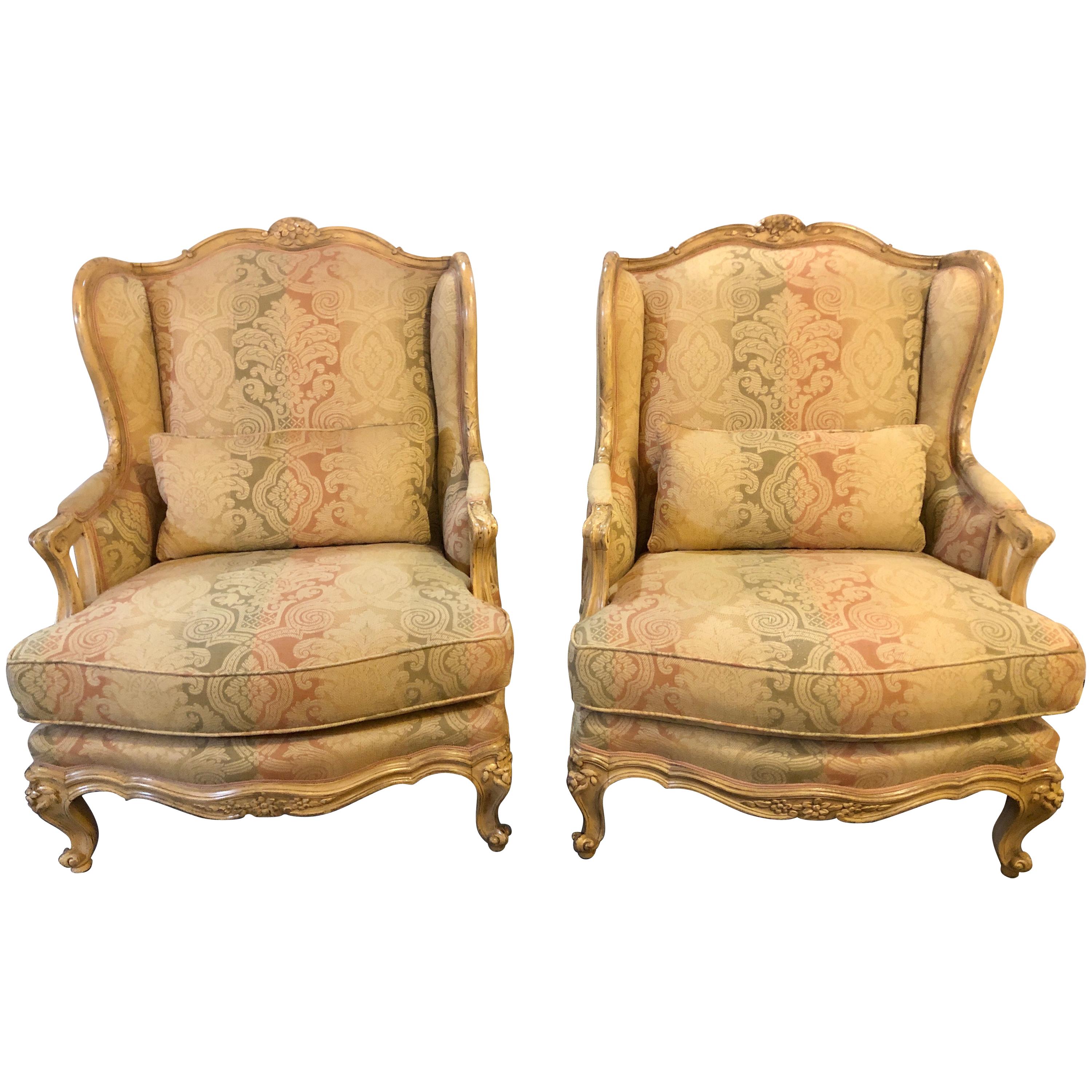 Pair of Distressed Palatial Louis XV Style Wingback or Bergere Chairs