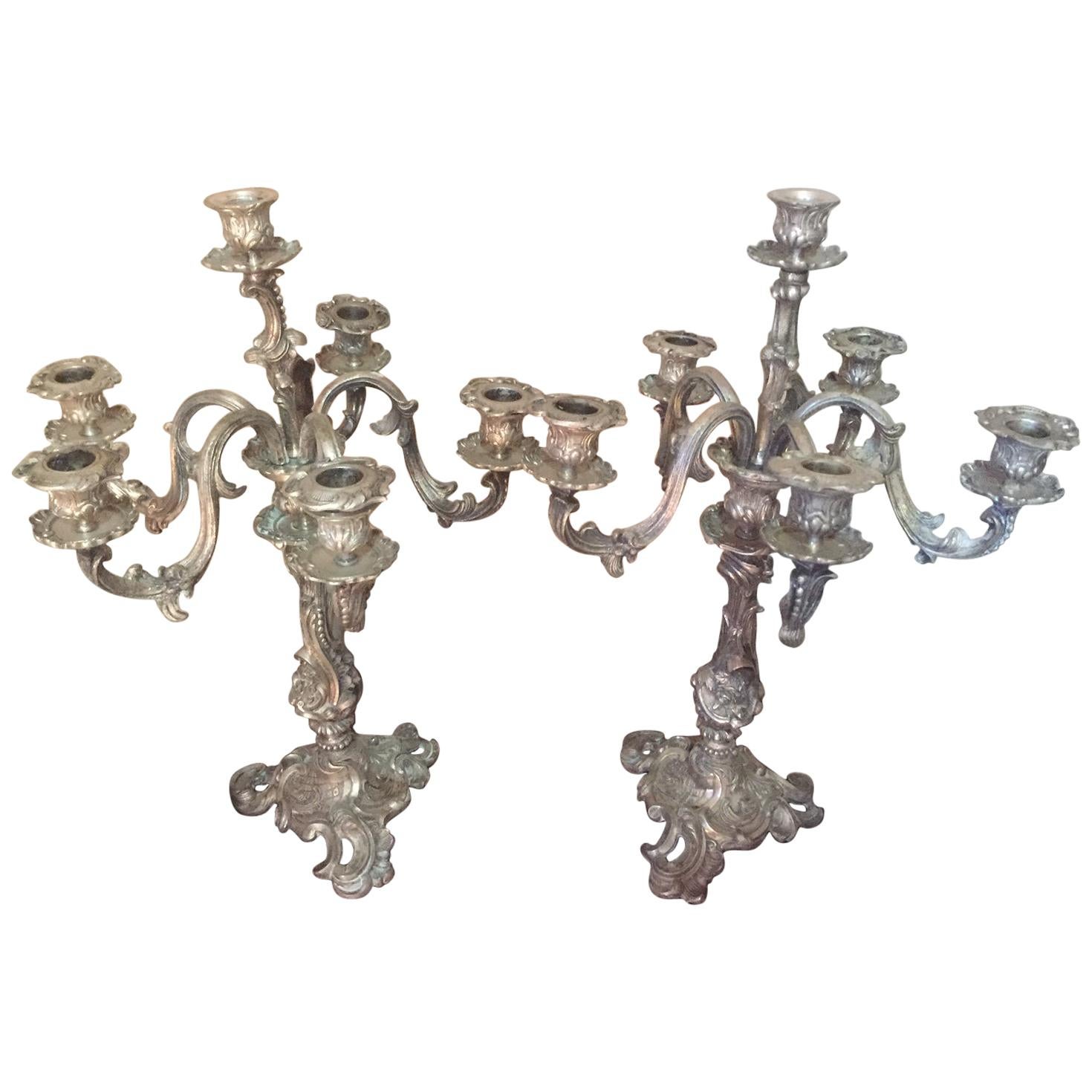Early 20th Century Louis XV Style Pair of Silvered Bronze Candleholder, 1900s For Sale