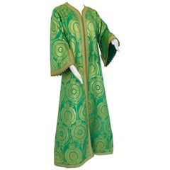 Elegant Moroccan Caftan Lime Green and Gold Metallic Floral Brocade