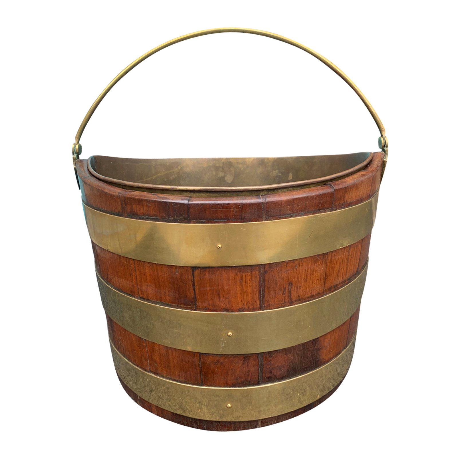 18th-19th Century English Navette Form Brass Bound Peat Bucket