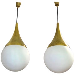 Vintage 2 Italian Mid-Century Brass & Opaline Glass Pendants, Max Ingrand & Fontana Arte