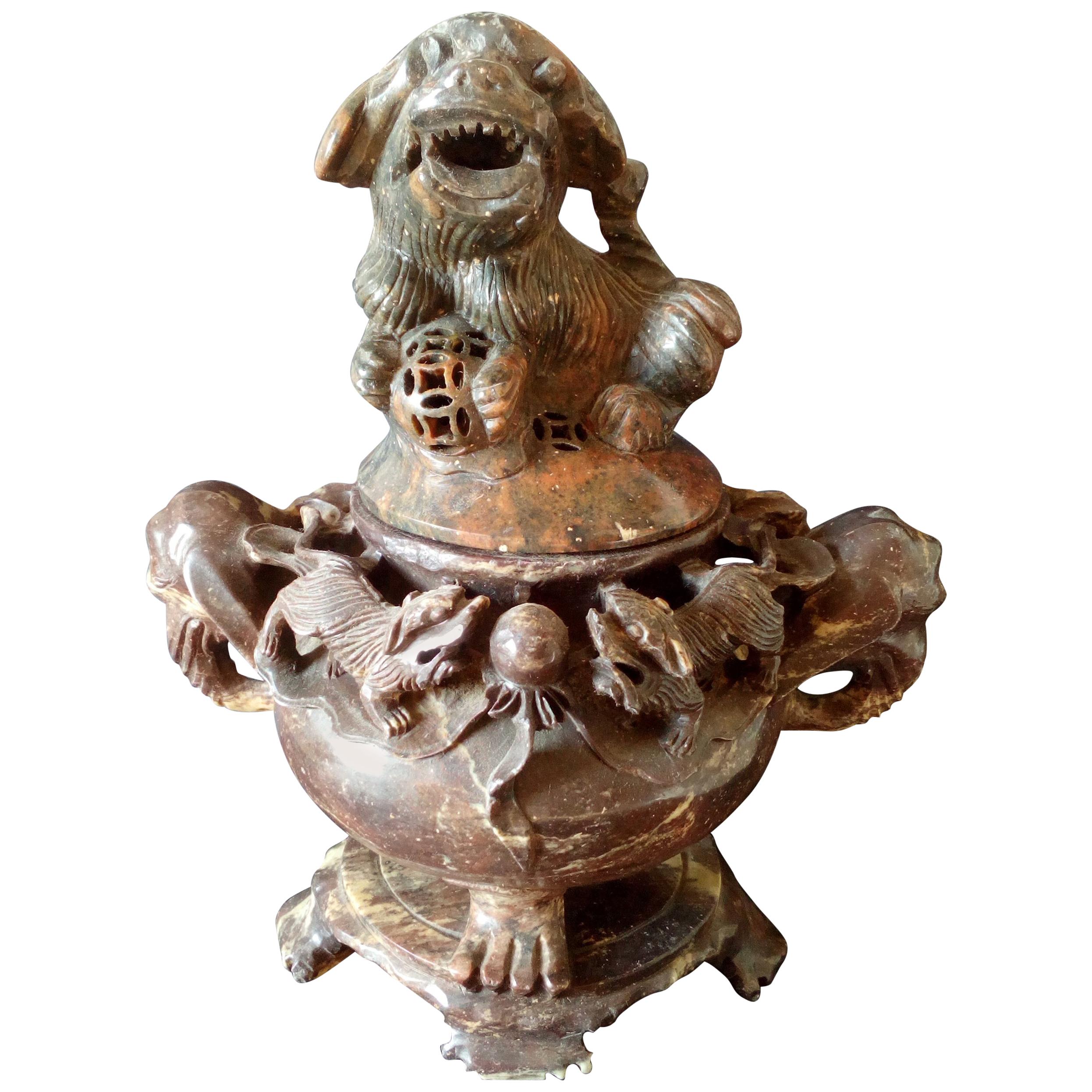 20th Century Ming Style Censer, Turkish Onyx, Surmounted by a Fo Dog For Sale