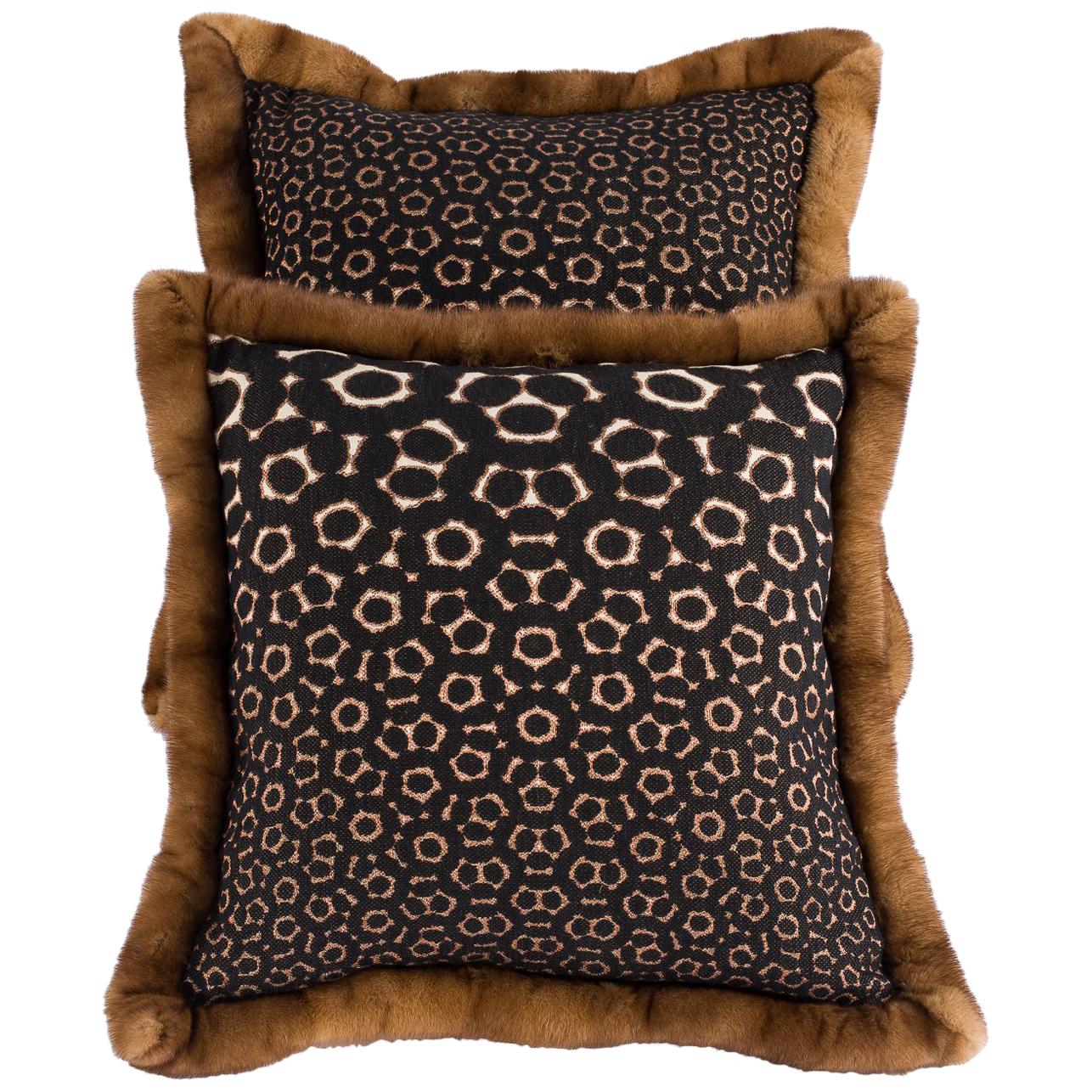 Pair of Pillows with Golden Mink Fur Border, Boussac Fabric