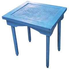 Moroccan Hand Carved Wooden Side Table, Turquoise Square