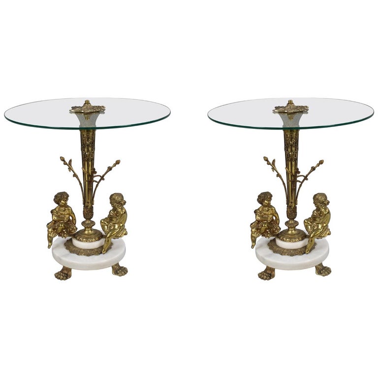 Pair Of Cherub Ormolu And Marble Glass Topped Occasional Tables For Pair Of Cherub Ormolu And Marble Glass Topped Occasional Tables For