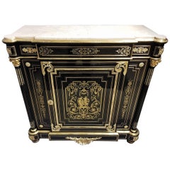 Grande armadio Napoleone III in ottone, intarsio Boulle e marmo di Carrara
