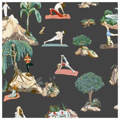 Forest Yoga Wallpaper Natural on Charcoal Color Way on Smooth Paper