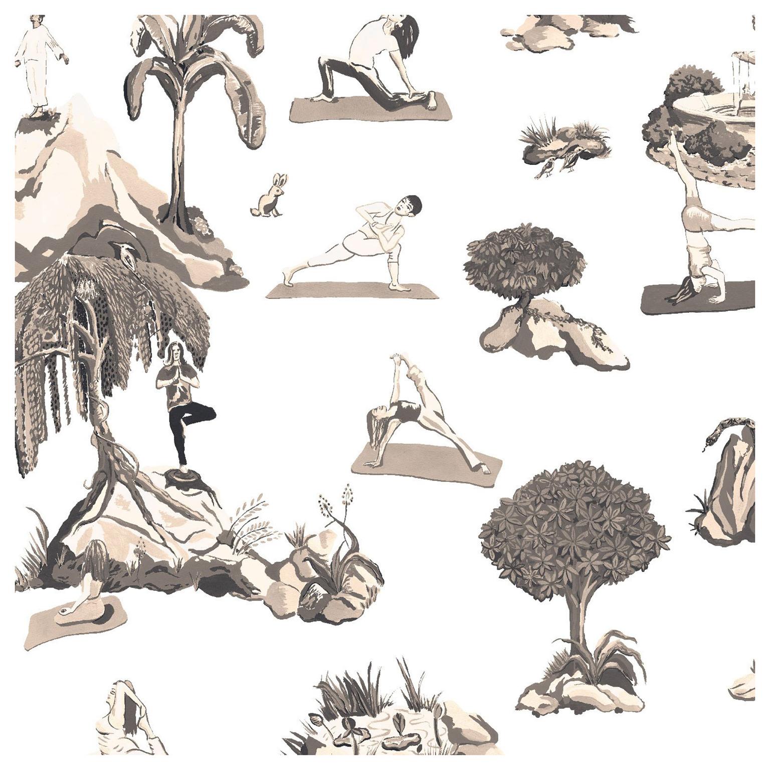 Forest Yoga Wallpaper Sepia Color Way on Smooth Paper For Sale