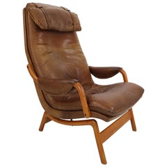Scandinavian Midcentury Design Brown Leather Lounge Chair, 1960s