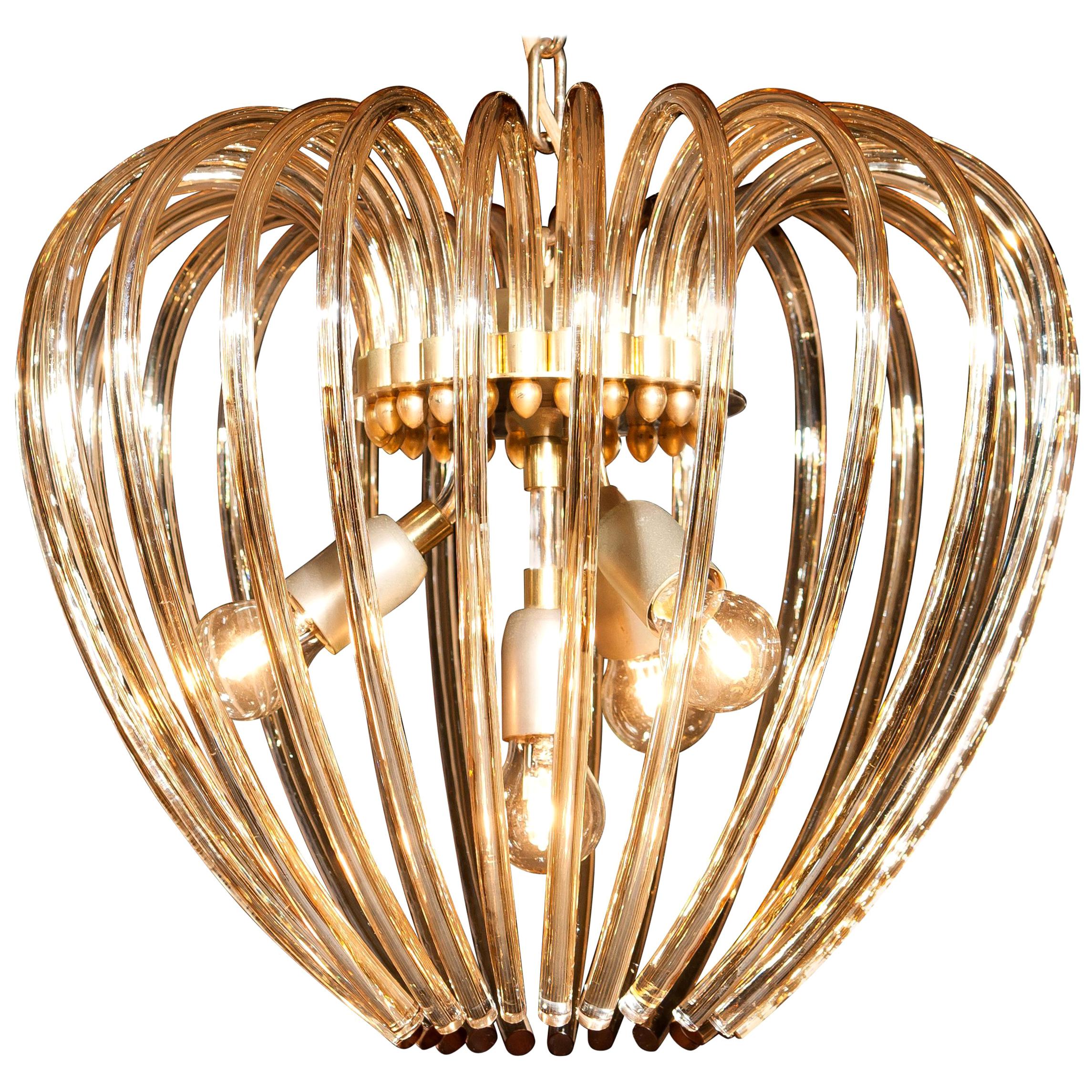 Partly Gilded and Brass and Crystal Venini Murano Pendant Chandelier, Italy