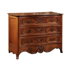 French 1800s Louis XV Style Oak Three-Drawer Commode with Grooved Accents