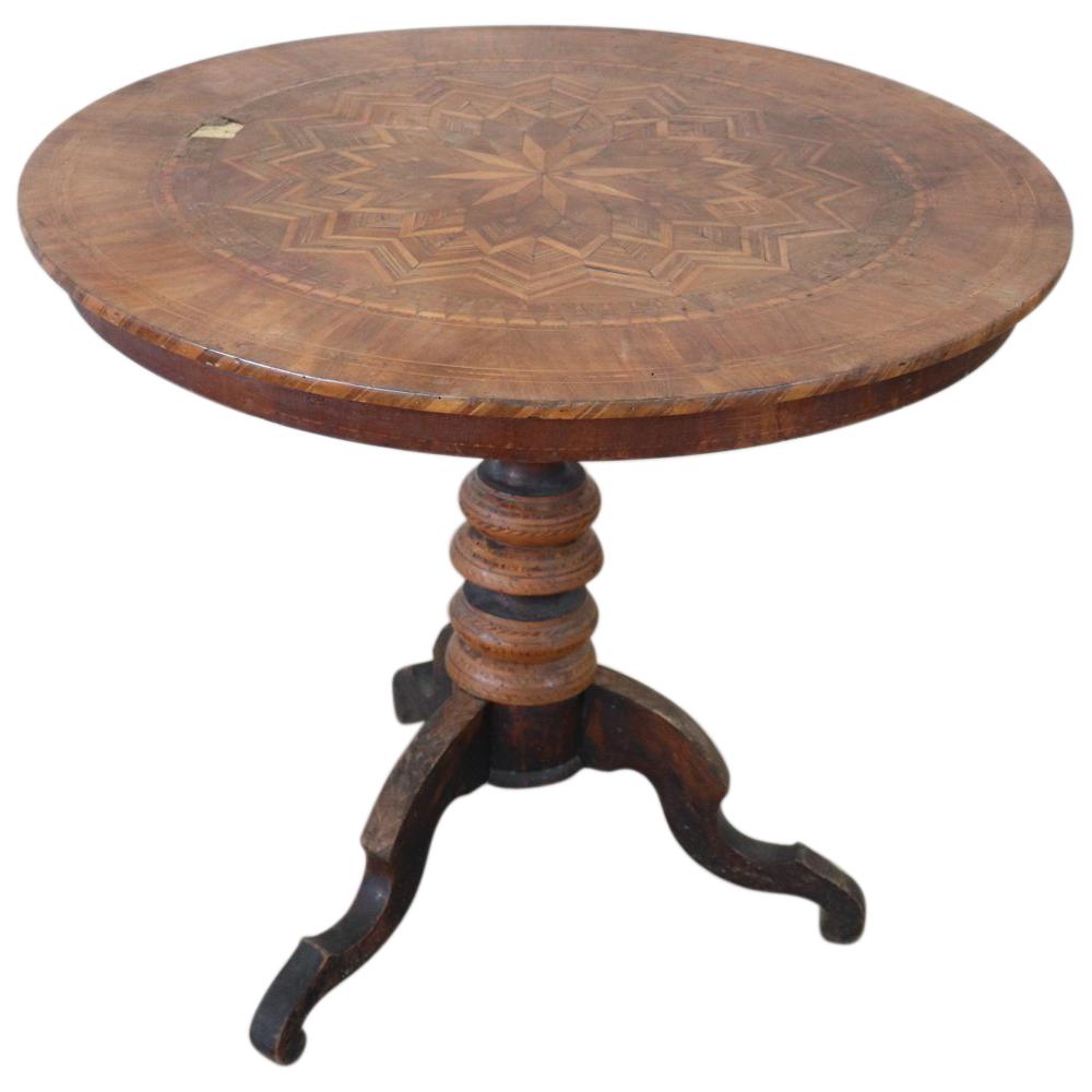 19th Century Italian Walnut Inlay Round Center Table or Pedestal Table