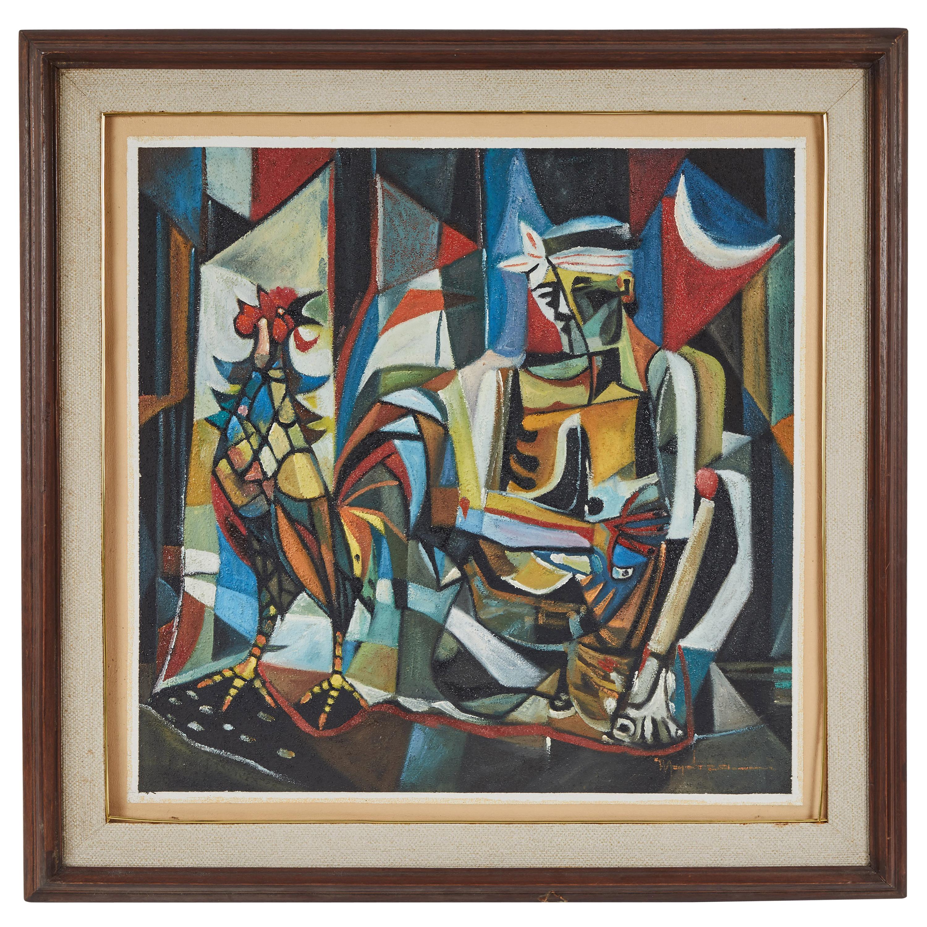 Óleo moderno sobre lienzo Pintura cubista "Niño con gallo