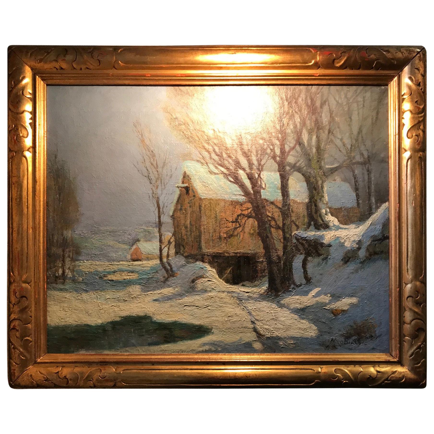 Barn in Moonlight by Frederick John Mulhaupt  American Oil Canvas antiques LA CA