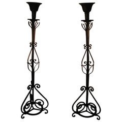 Pair of Large Early 20th Century Hand Wrought Iron Torchieres Floor Lamps