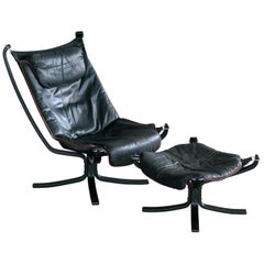 Falcon Lounge Chair with Ottoman in Black Leather Red Piping by Resell