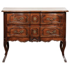 French Louis XV Style Walnut Two-Drawer Commode with Carved Cartouches and Apron