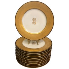 Set of 12 Porcelain Art Nouveau Gold Encrusted Service Dinner Plates