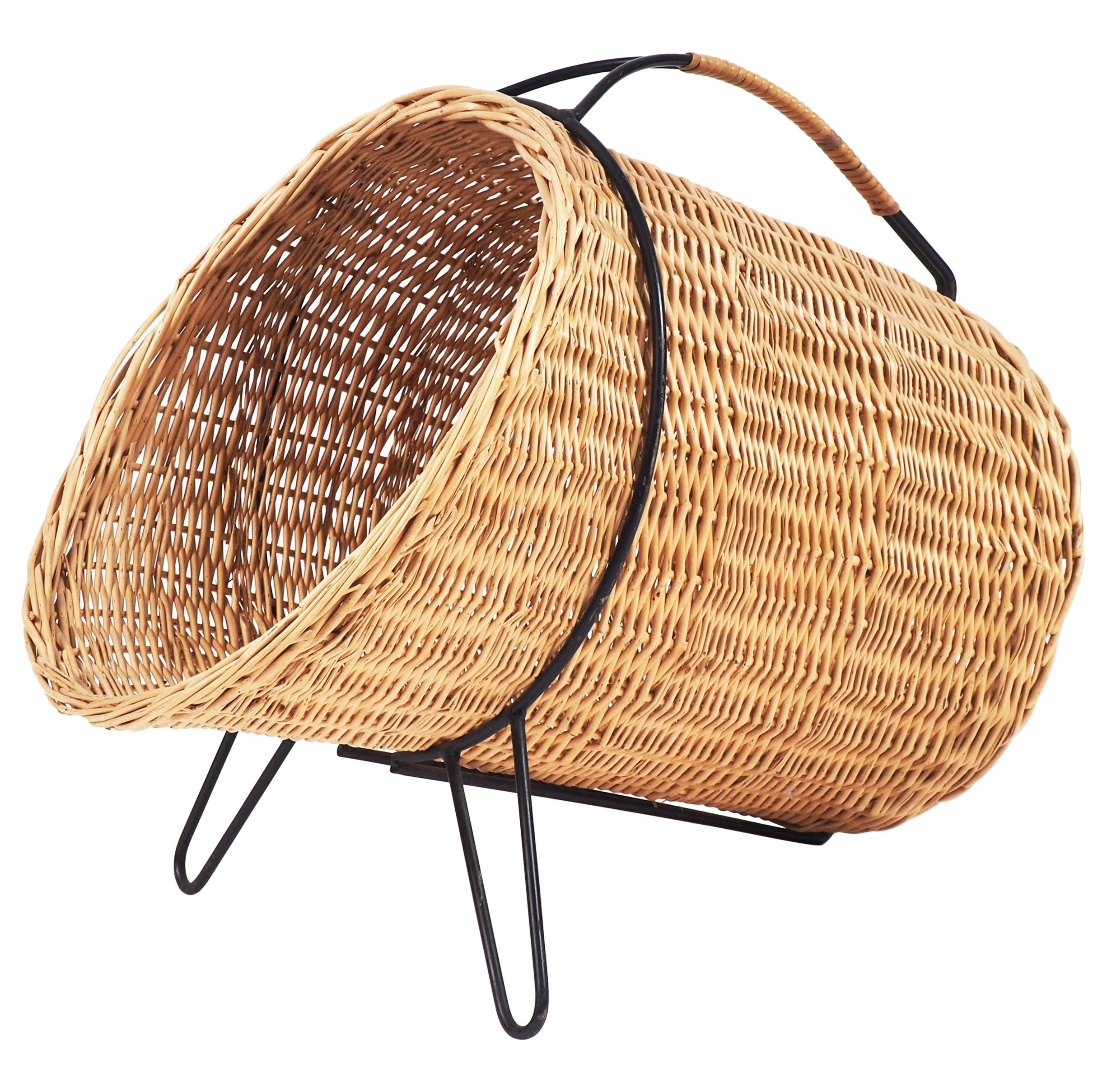 1950s Basket for Firewood or Magazines in Metal and Rattan from Sweden