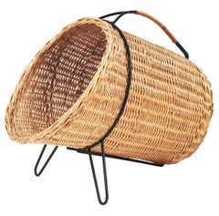 Vintage 1950s Basket for Firewood or Magazines in Metal and Rattan from Sweden