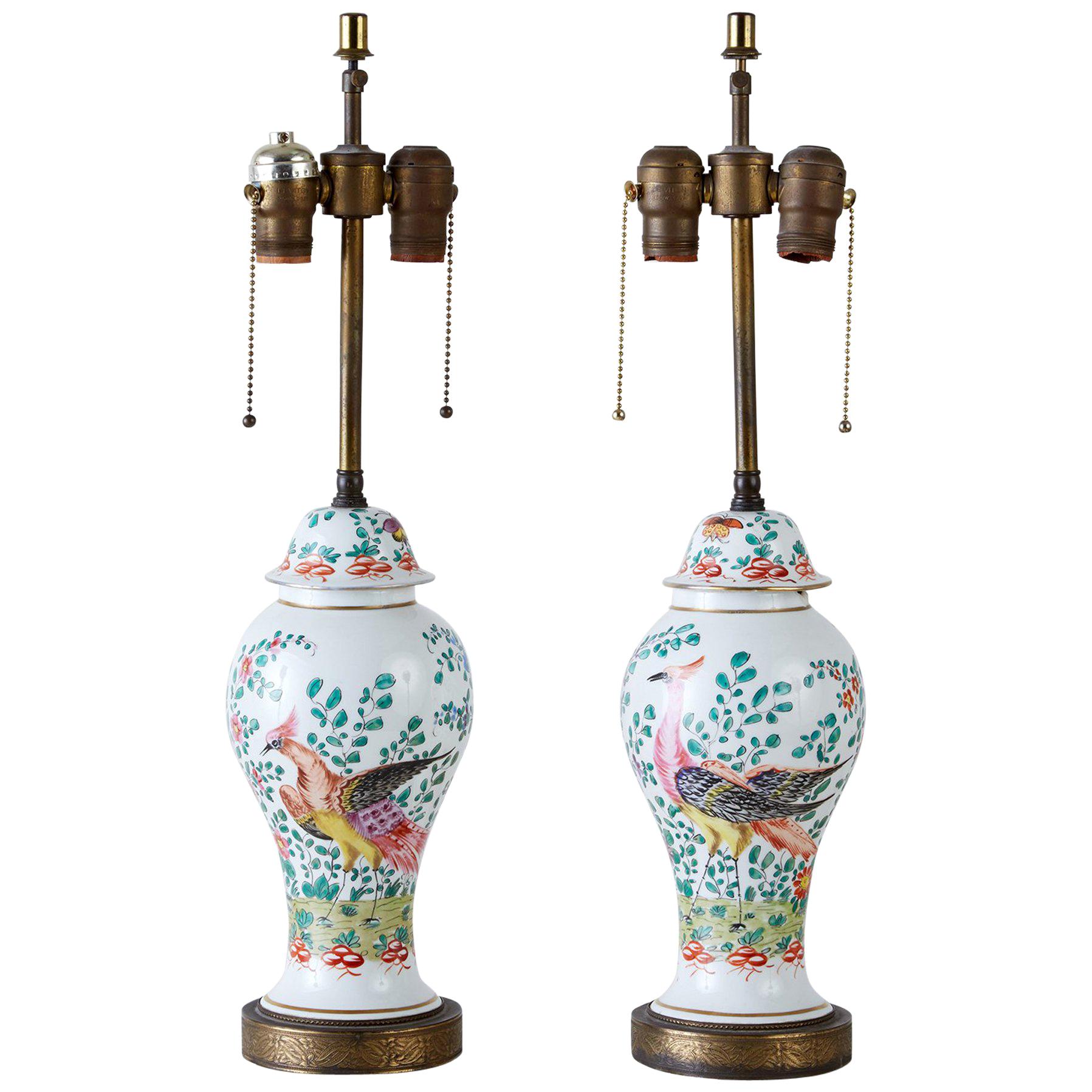 Pair of English Chinoiserie Painted Porcelain Ginger Jar Lamps