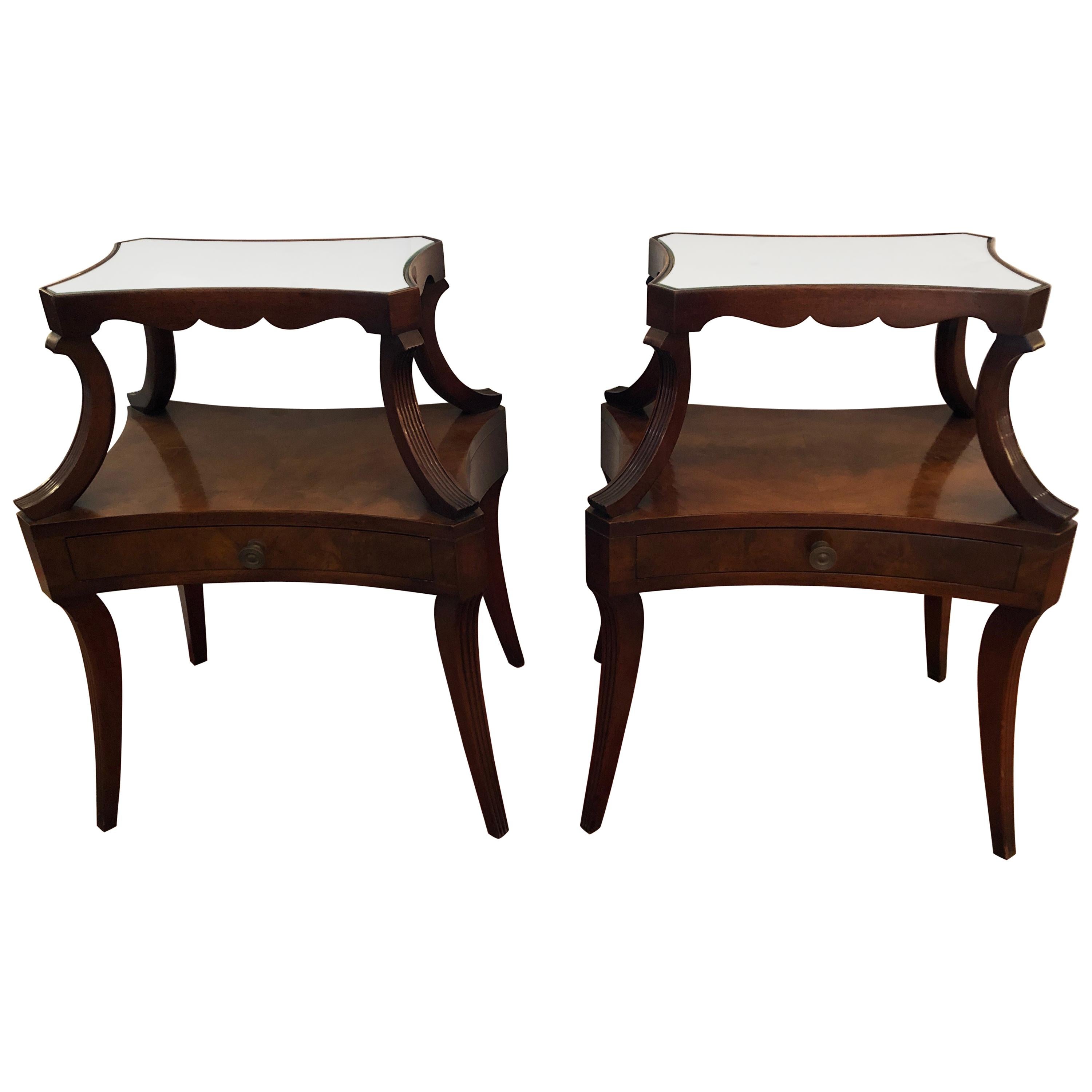 Pair of Fine Grosfeld House Crotch Mahogany Two-Tier Nightstands End Side Tables