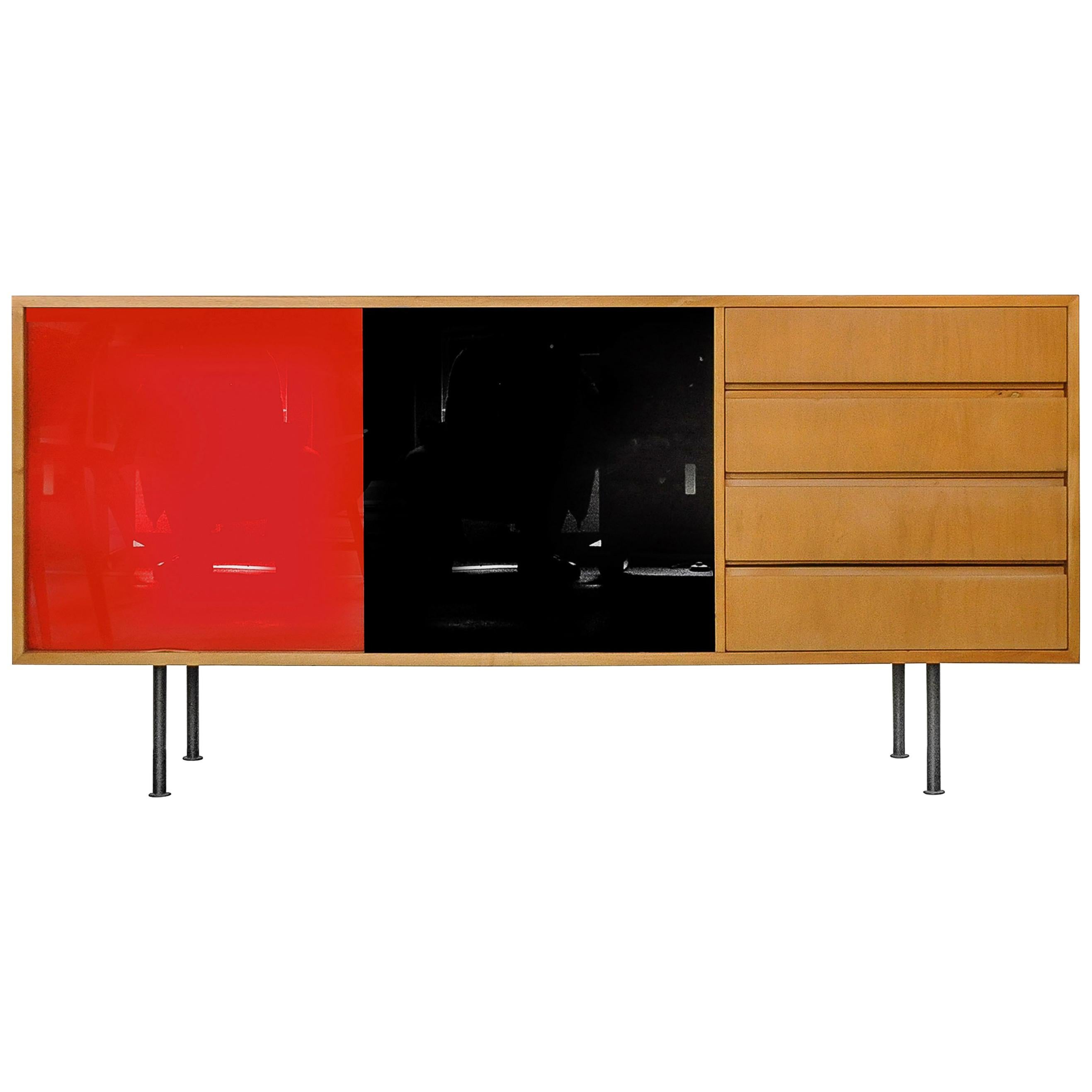 Swiss Modernist Sideboard with Red and Black Glass Sliding Doors, 1960s For Sale
