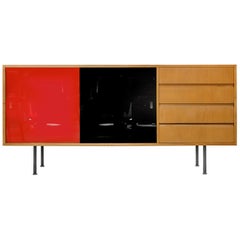 Vintage Swiss Modernist Sideboard with Red and Black Glass Sliding Doors, 1960s