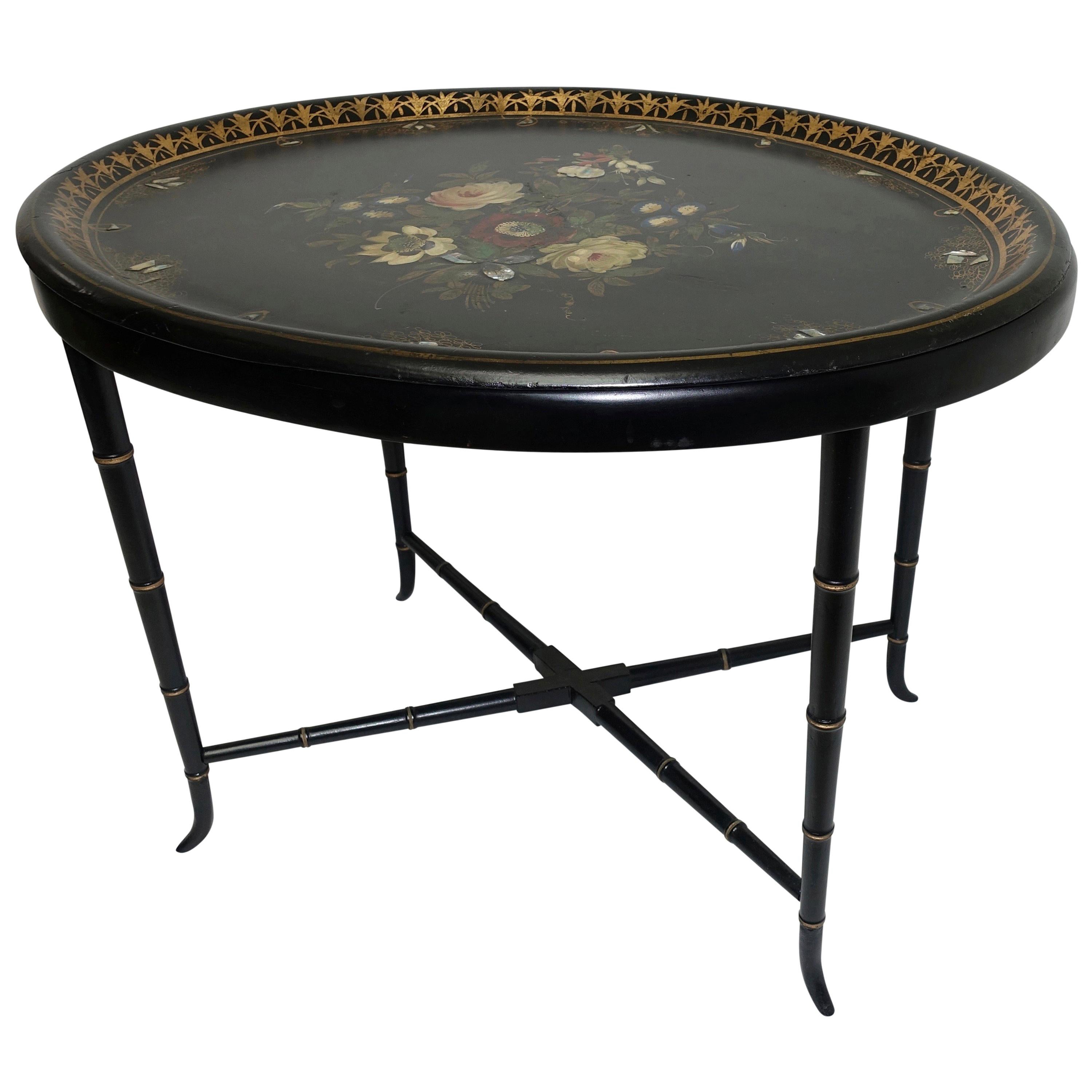 Papier Mâché Hand Painted Tray Table with Mother of Pearl Inlay, 19th Century