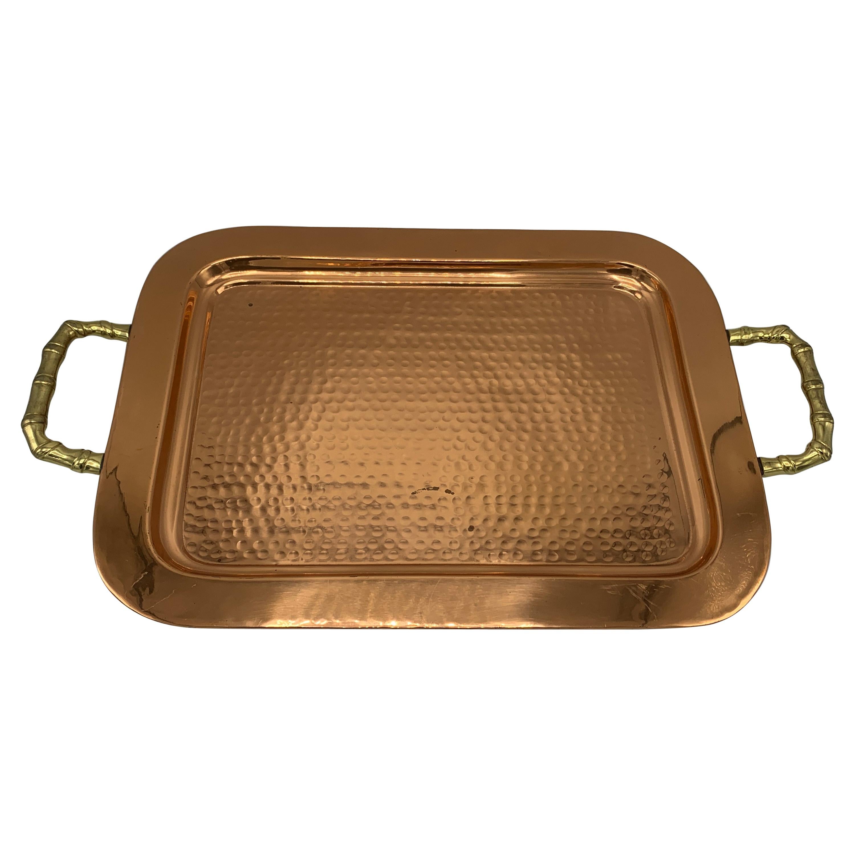 1970s Copper and Brass Tray with Faux Bamboo Handles For Sale