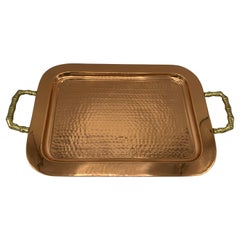 1970s Copper and Brass Tray with Faux Bamboo Handles