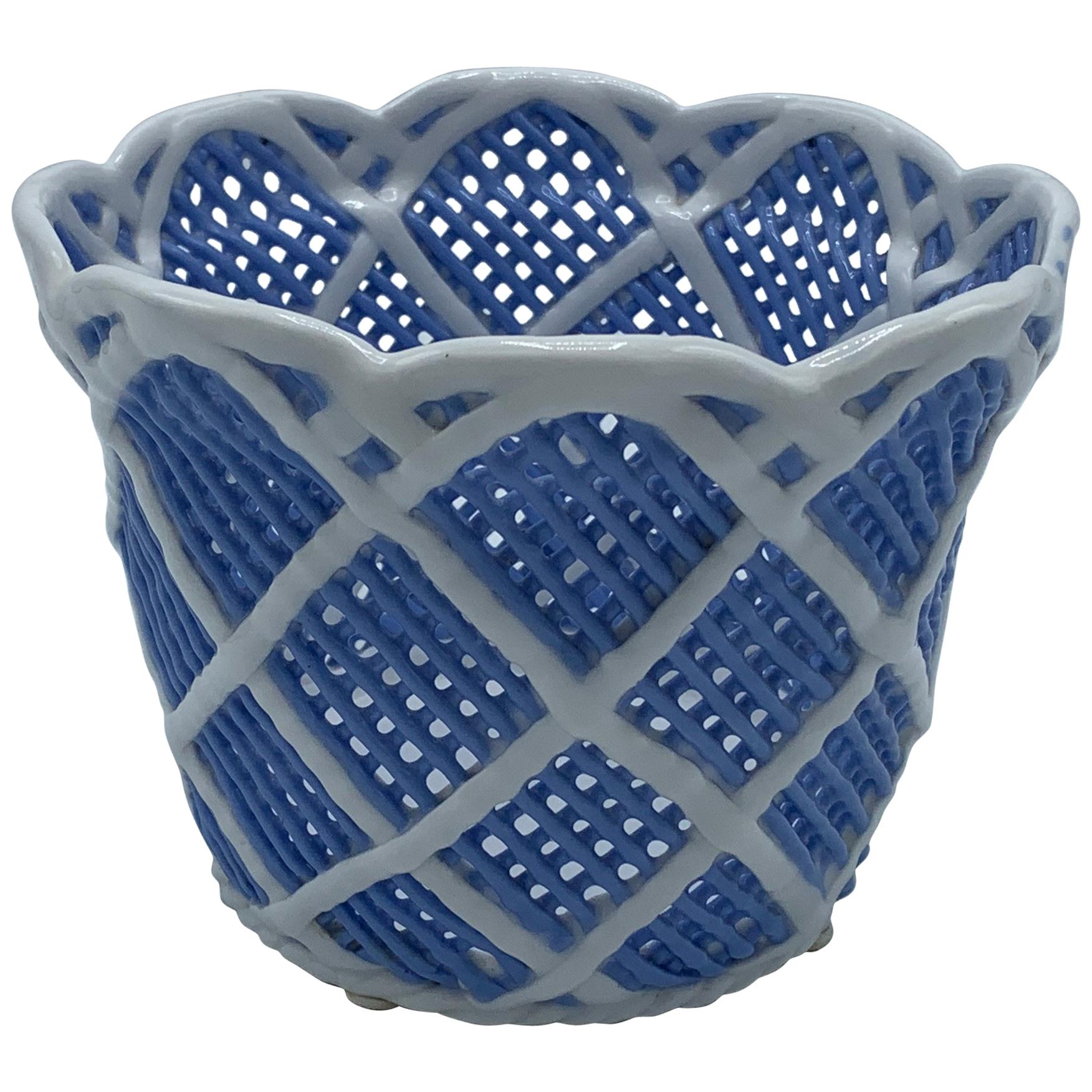 1960s Italian Blue and White Porcelain Basketweave Cachepot
