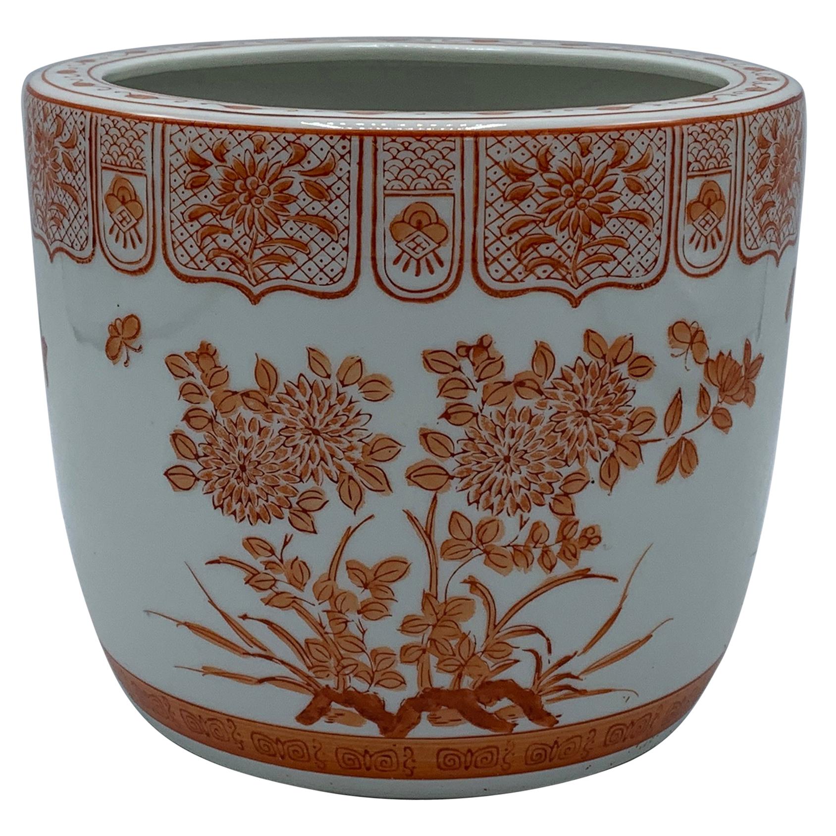 1970s Orange and White Floral Painted Cachepot