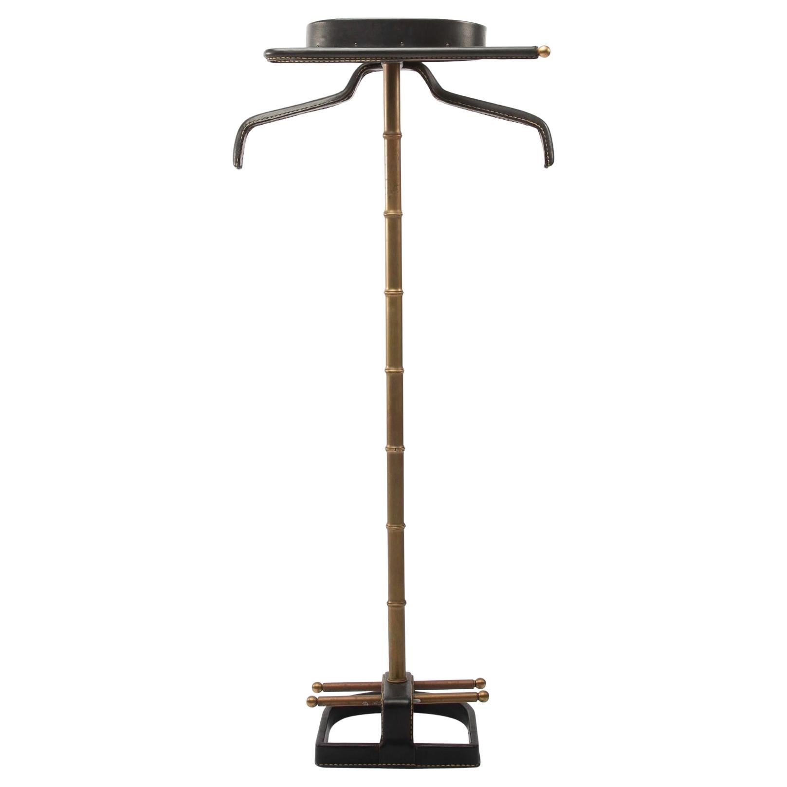 French Midcentury Valet, Jacques Adnet, Steel, Black Leather, Brass 