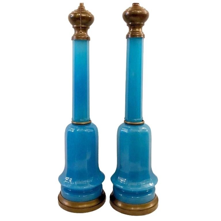 Pair of Blue Opaline Glass Table Lamps