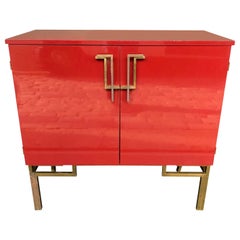 Red Lacquered, 1970s Bar Cabinet with Brass Chinoiserie Detailing
