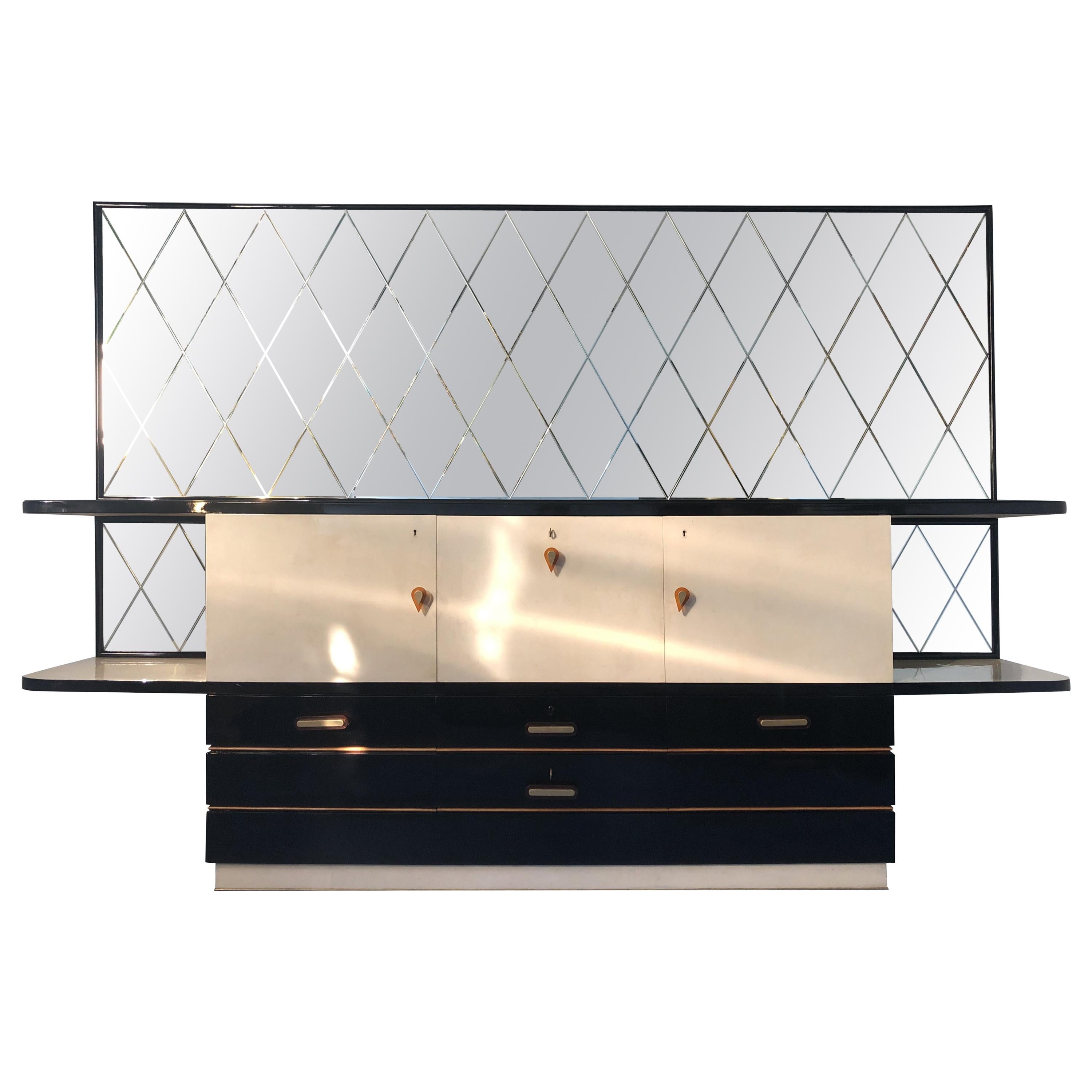 Italian Midcentury Parchment Black Lacquered Sideboard, 1950