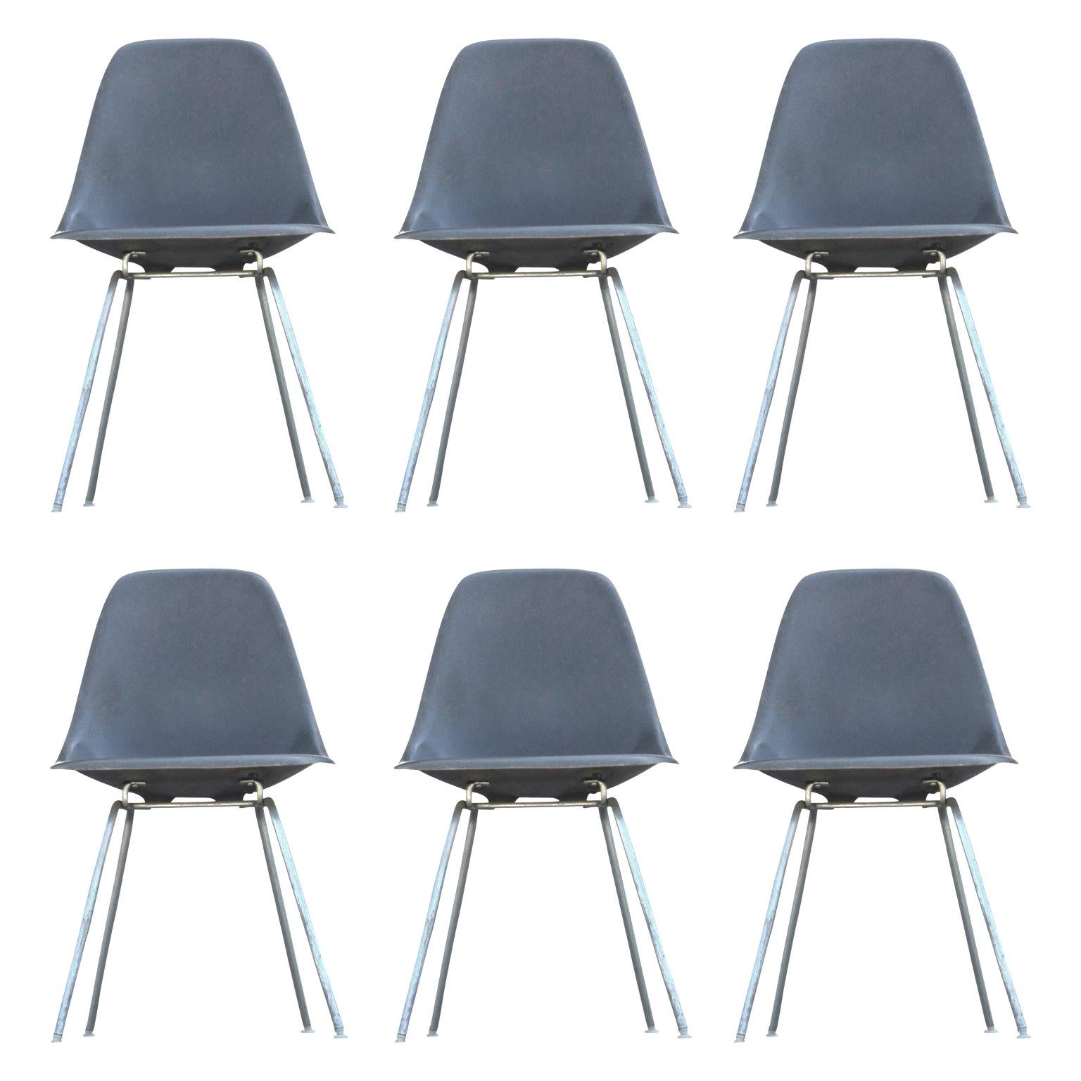 Set of Six Eames Shell Dining Chairs with Metal Legs by Herman Miller