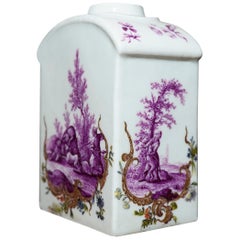 Meissen Tea Canister, Hunt Scene in Purple, Rococo Scrolls, circa 1755